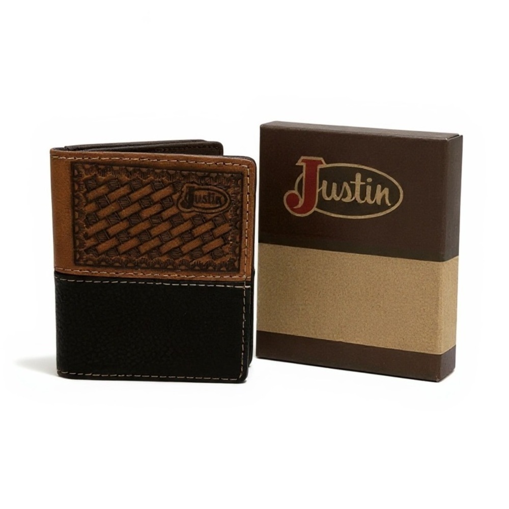 New Justin Boots Mens Leather Wallet Bi Fold Basketweave Card Wallet Brown Black